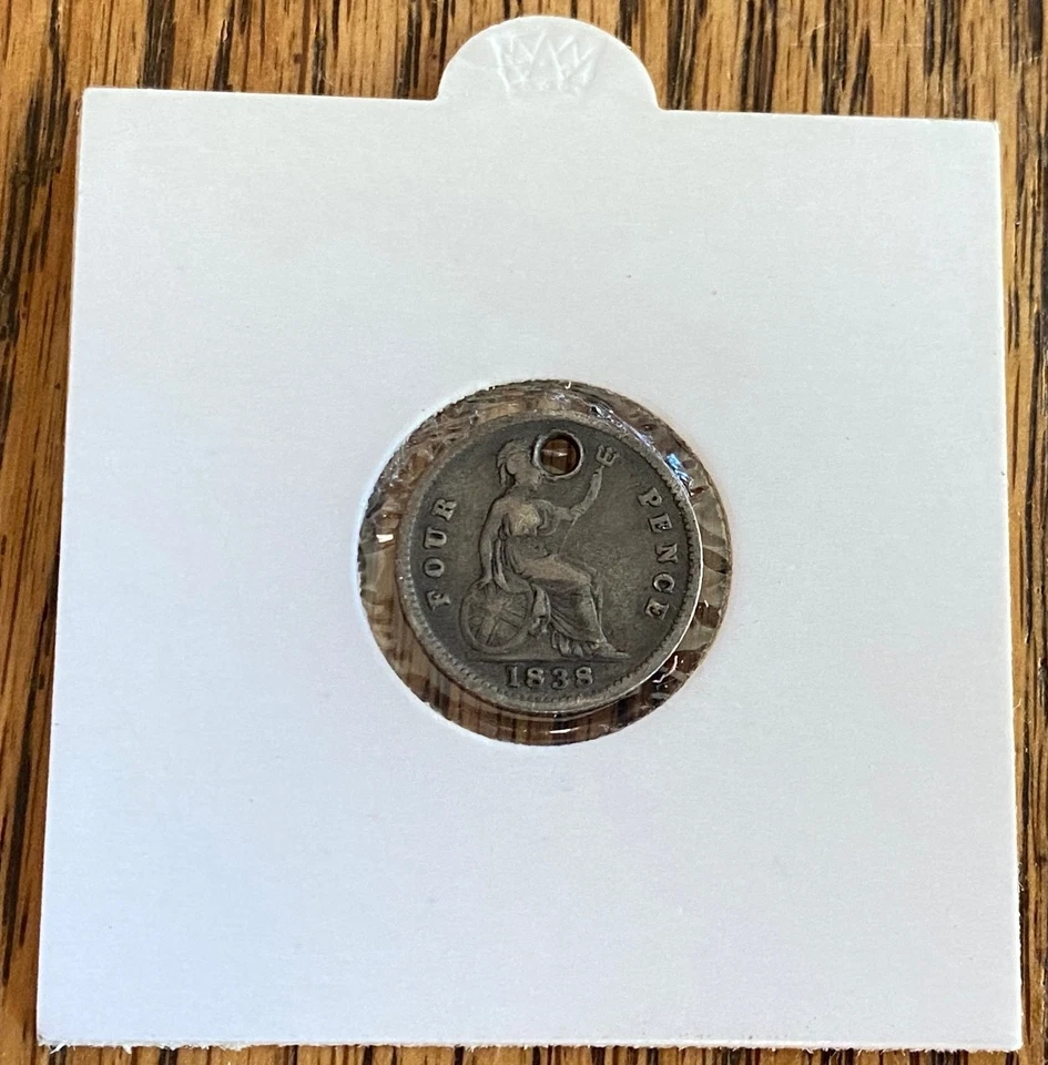 1838 GREAT BRITAIN  QUEEN VICTORIA FOURPENCE - SILVER GROAT -NICE DETAIL - HOLED - Image 4 of 4