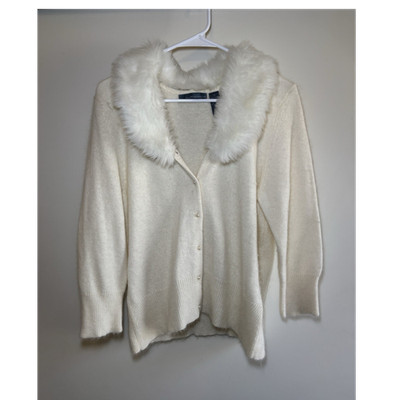 Hillard & Hanson Cardigan Sweater Ivory Faux Fur Collar Button Front Women XL