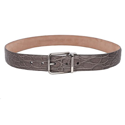 DOLCE & GABBANA Classic Silver Metal Buckle Croco Leather Belt Gray 