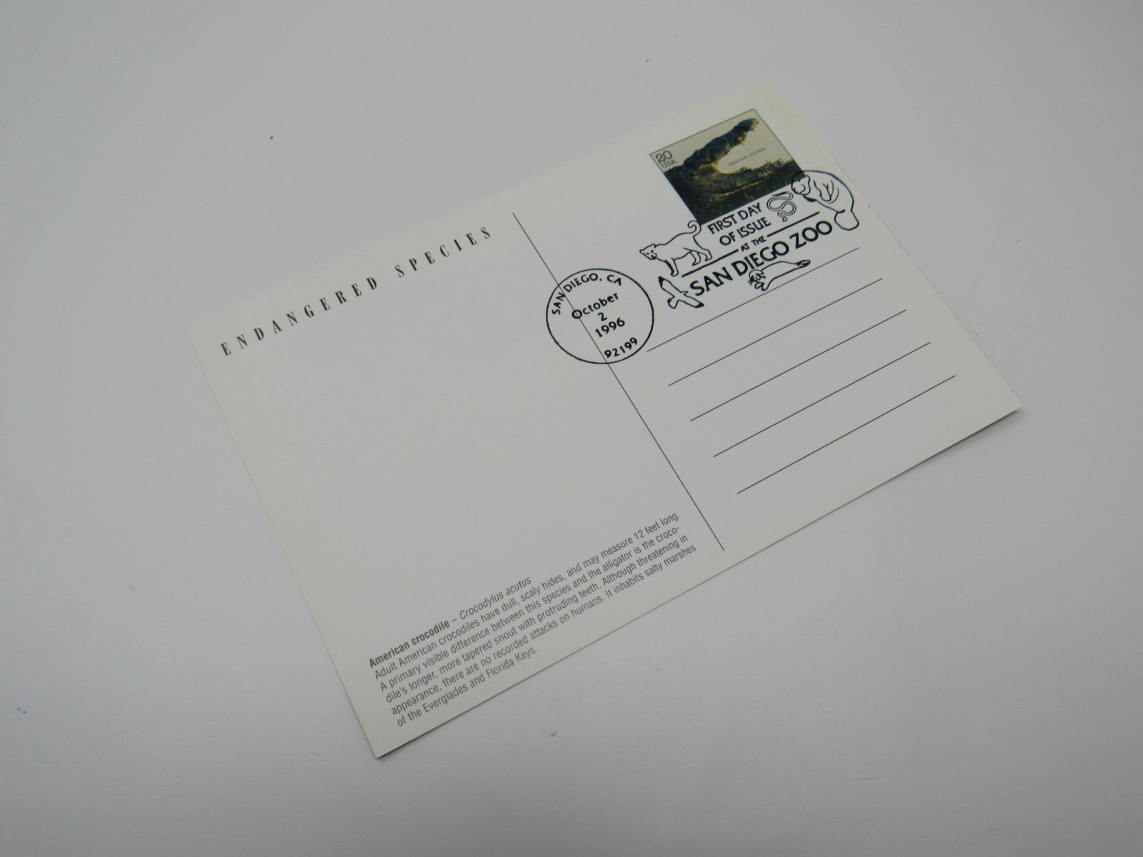 USPS Scott UX266 Vintage 20c American Crocodile Endangered Species Postal Card