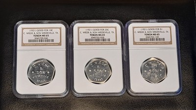 1921 (x3) USA SHOP TOKENS $ 1 Dollar, 25c, 10c. ALLE NGC MS65