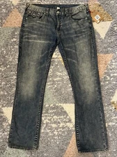 True Religion Jeans Mens w Tag Blue Straight Flap Earthworm Arrowhead Y2K 42x34