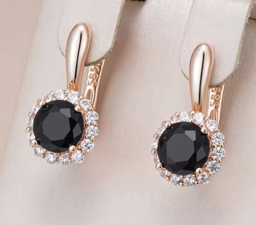 Natural Zirconia Round Earrings for Women - Shiny Black with 585 Rose Gold, Fine