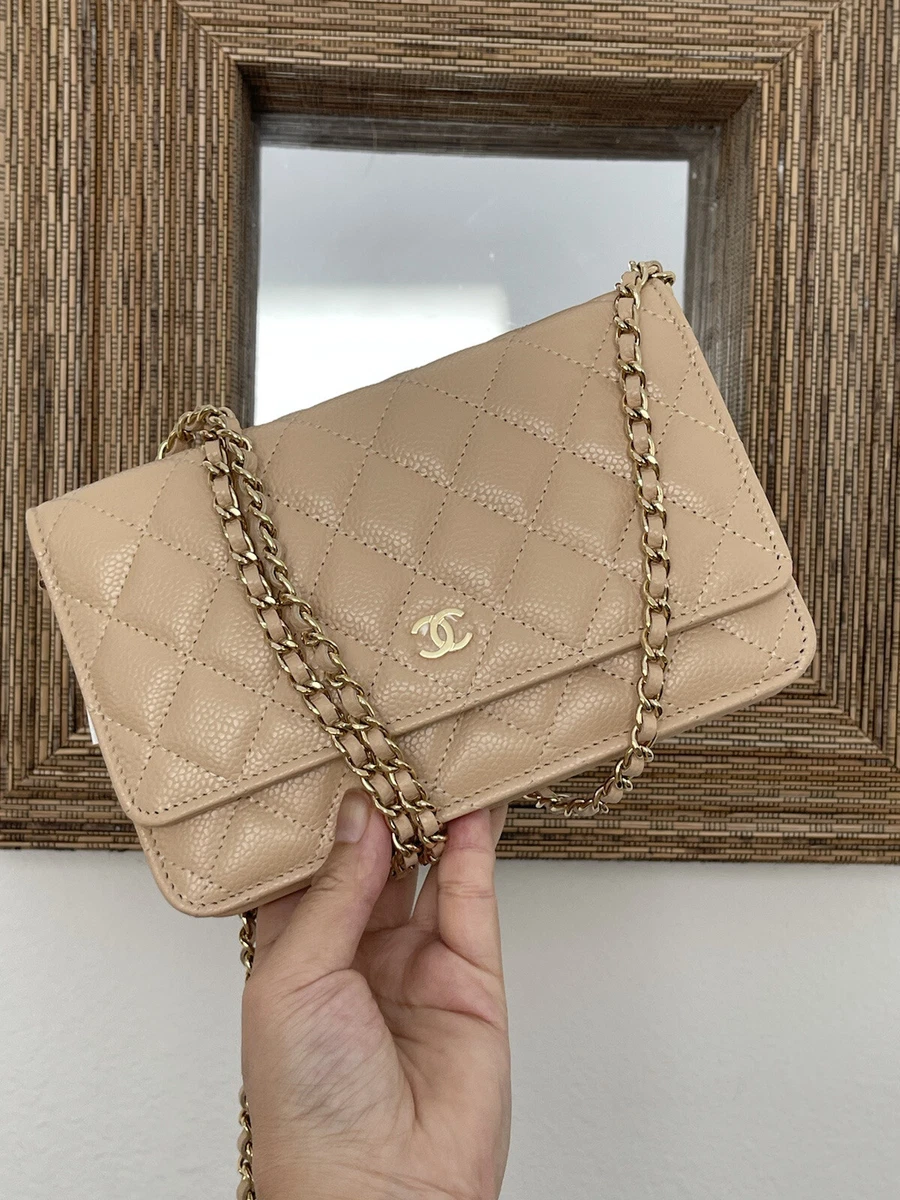 Chanel Vintage Beige Caviar Leather Wallet On Chain WOC Bag