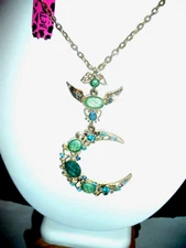 Betsey Johnson Green Blue Crystals Gold CRESCENT MOON + Wings NECKLACE NWT