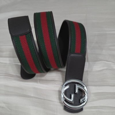 Authentic Reversible Gucci Brown Green Red Striped Belt, Men Size 40-44 IT 115cm