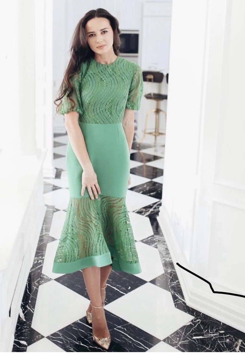Keepsake Green Lace Puff Short Sleeve Fit & Flare Midi Dress Size S