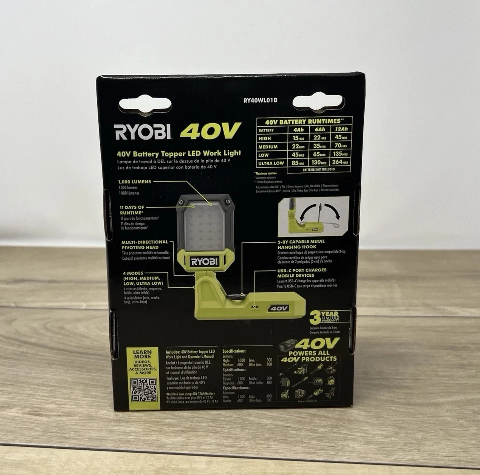 NUEVO GENUINO RYOBI 40V 1000 LÚMENES BATERÍA TOPPER LED LUZ DE TRABAJO HERRAMIENTA SOLAMENTE Foto 2 de 2