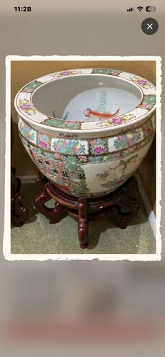Chinese Porcelain Fish Bowl Planter Jar Floral Design w/ Wooden Stand