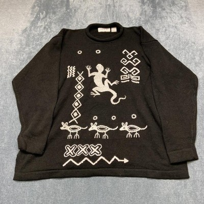 Vintage Lisa & Me Sweater Women Medium Black Tribal Gecko Lizard Streetwear Cozy