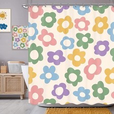 Cute Pastel Flower Shower Curtain, Boho Retro Floral 70S Aesthetic Fabric Sho...