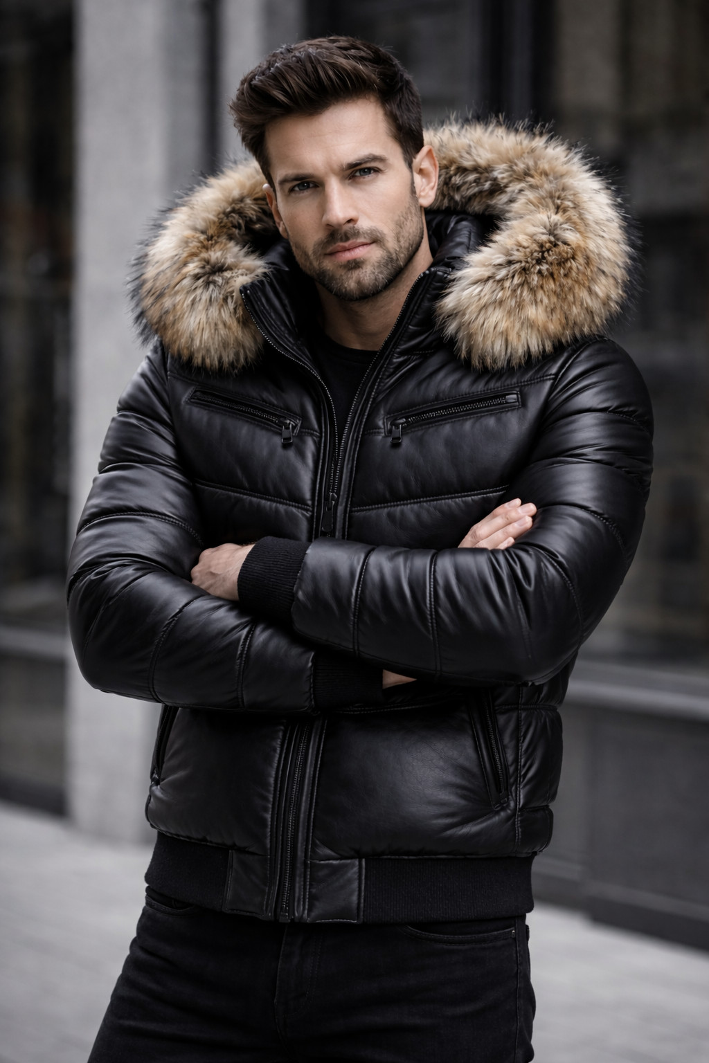 Giacca trapuntata da uomo in vera pelle di pecora | cappuccio in vera pelliccia di volpe | Luxury Premium W foto 5
