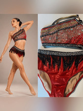 Glamour dance costume solo 2 piece red contemporary jazz fringe LC-large child