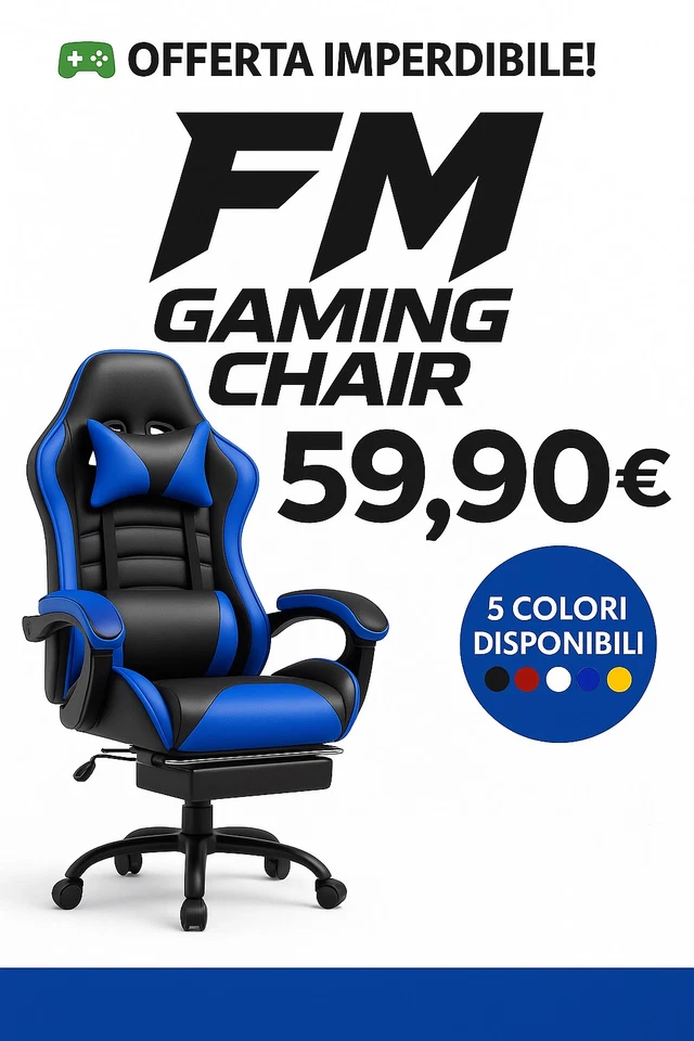 Poltrona Gaming FM Girevole Con Poggiapiedi e Cuscino Lombare e Cuscino Testa - Immagine 3 di 4