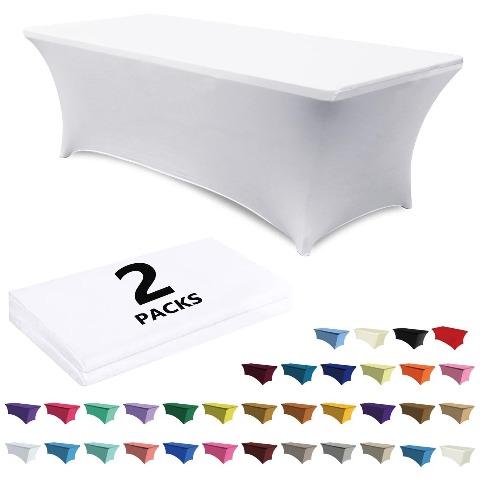 2 Pack 6 Ft White Spandex Table Cover Stretch Fitted Wrinkle Resist...