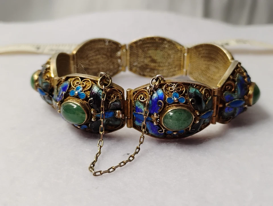 Antiguo Brazalete de Exportación China Jade Plata Filigrana Oro Dorado Esmalte Mariposa Foto 4 de 4