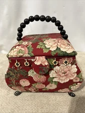 Vintage Early 1980s Floral Sewing Basket w/ Beaded Handle & Accessories