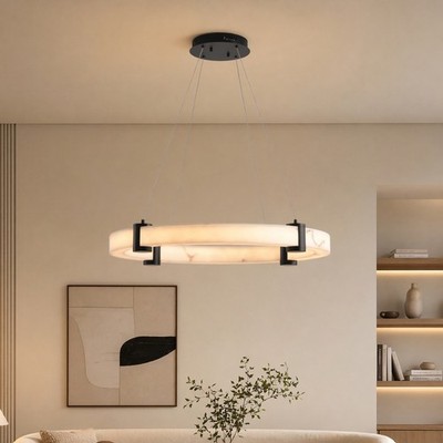24'' Modern Pendant Light Marble Texture Ring Chandelier Living Room LED Fixture