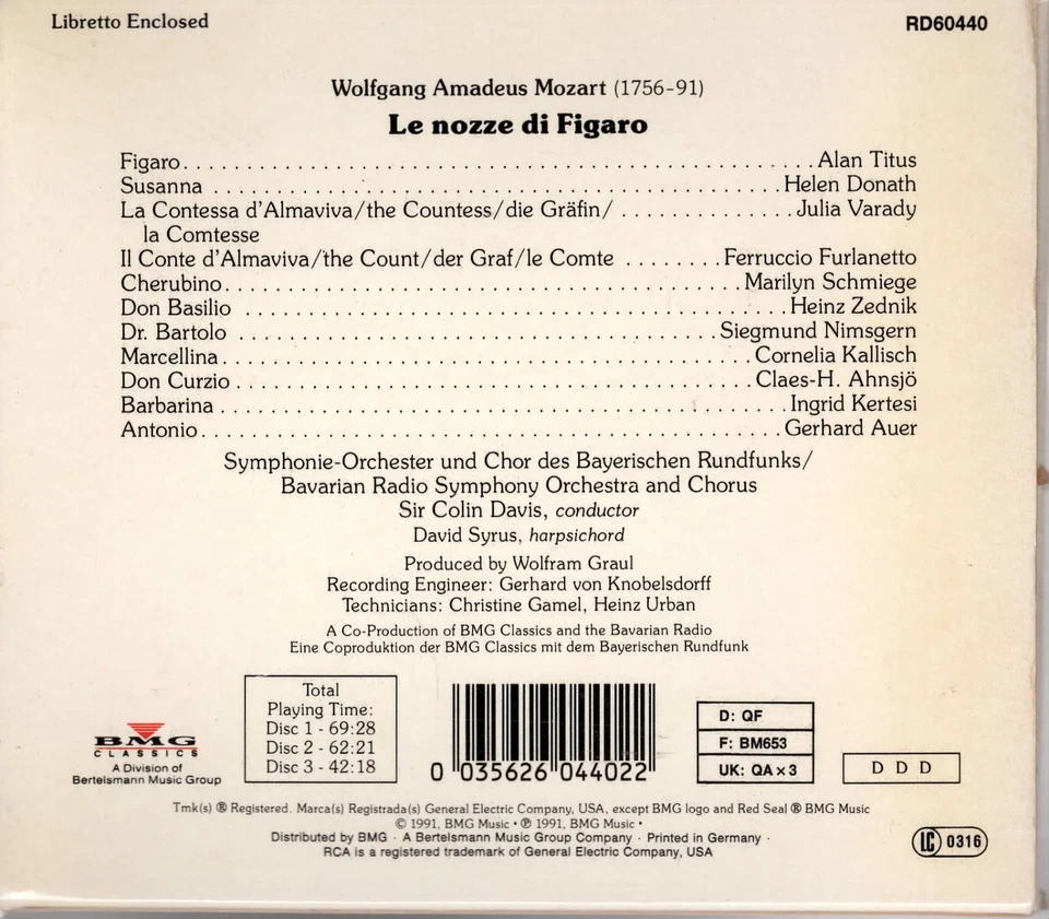 3 CDs Mozart LE NOZZE DI FIGARO Titus Donath Sir Colin Davis | excellent (C8246) - Bild 2 von 4