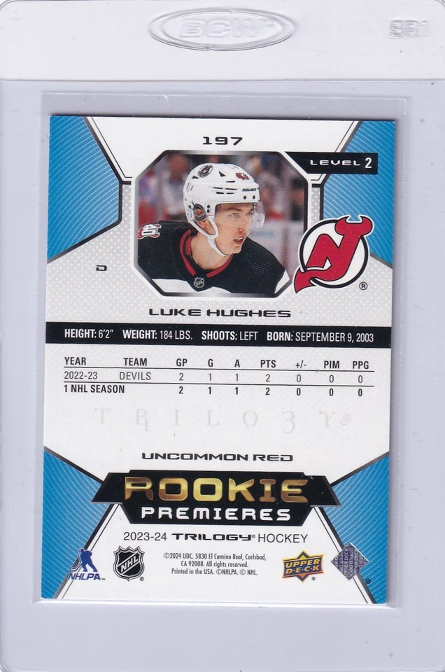 2023-24 Upper Deck Trilogy Red Rookie Premiers Lvl.2 #197 Luke Hughes /99 Devils - Image 2 of 2
