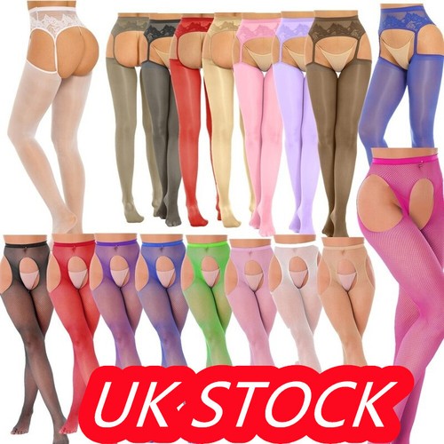 UK~Collant a rete a vita alta da donna bretelle collant calze alte cosce