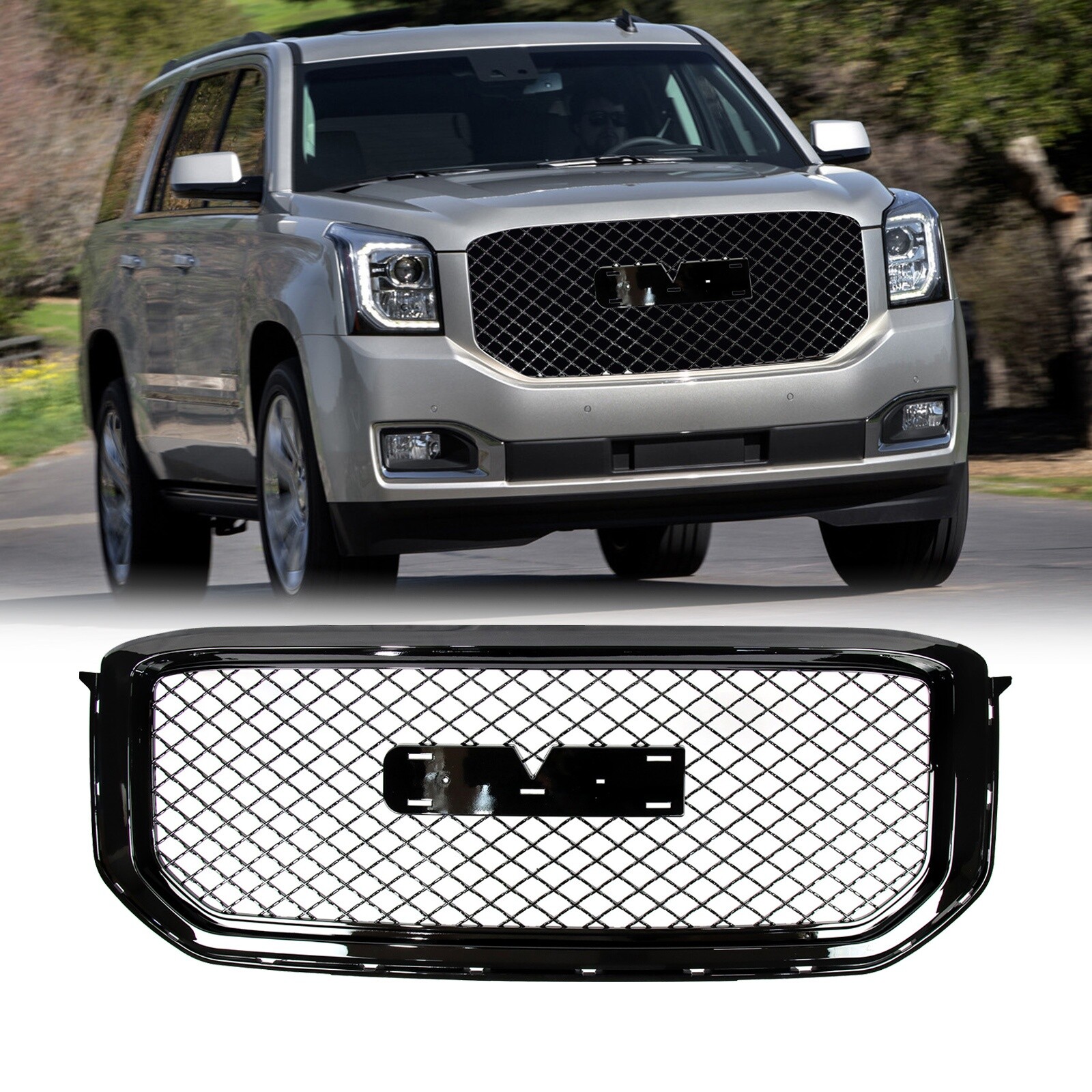 For 2015-2020 GMC Yukon XL Mesh Denali Style Front Gloss Black Grille Grill Hood