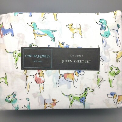 4pc Cynthia Rowley Watercolor Dog FULL Sheet Set Colorful Dachshund 100/% Cotton