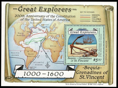 Sello Bequia Grenadines St.Vicente 1989 Aniversario Descubrimiento América