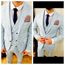 FIRST CLASS PLUS SUIT LIGHT BLUE FITTED DOUBLE BREASTED WAISTCOAT MATCHING SHIRT SET