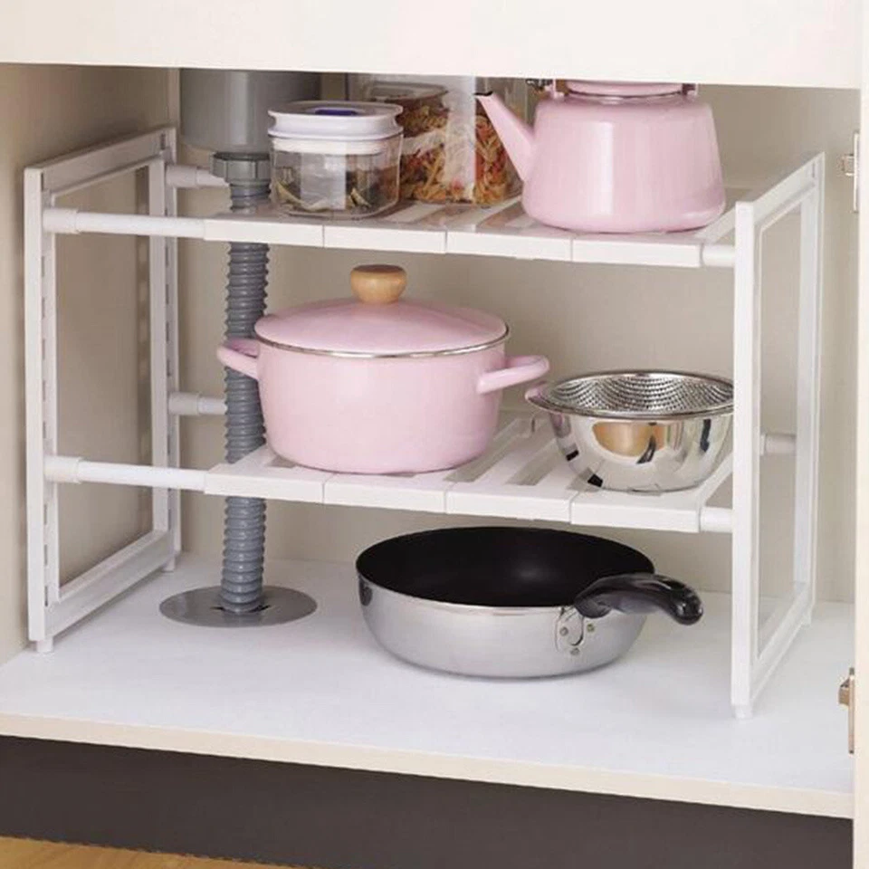 2 Tier Extendable Sink Shelf Adjustable Under Sink Rack Storage Organiser Bath - Image 2 of 4