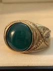 VTG 925 DESIGNER ROUND GREEN ONYX CABOCHON STERLING SILVER GOLD VERMEIL RING