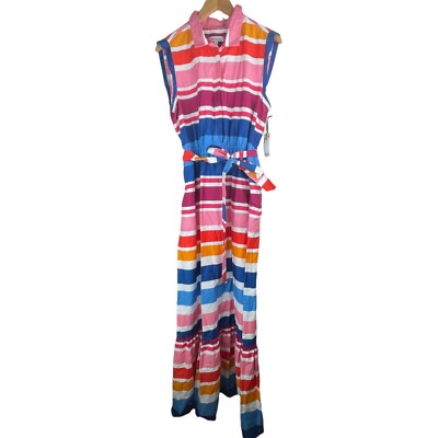 Kensie Striped Maxi Dress Sleeveless Ruffle Hem Colorful Collared Women's  12 NWT | eBay