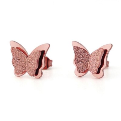 PAIRE BOUCLE D'OREILLE FEMME ACIER COULEUR CUIVRE ROSE FORME PAPILLON PAILLETÉ 1