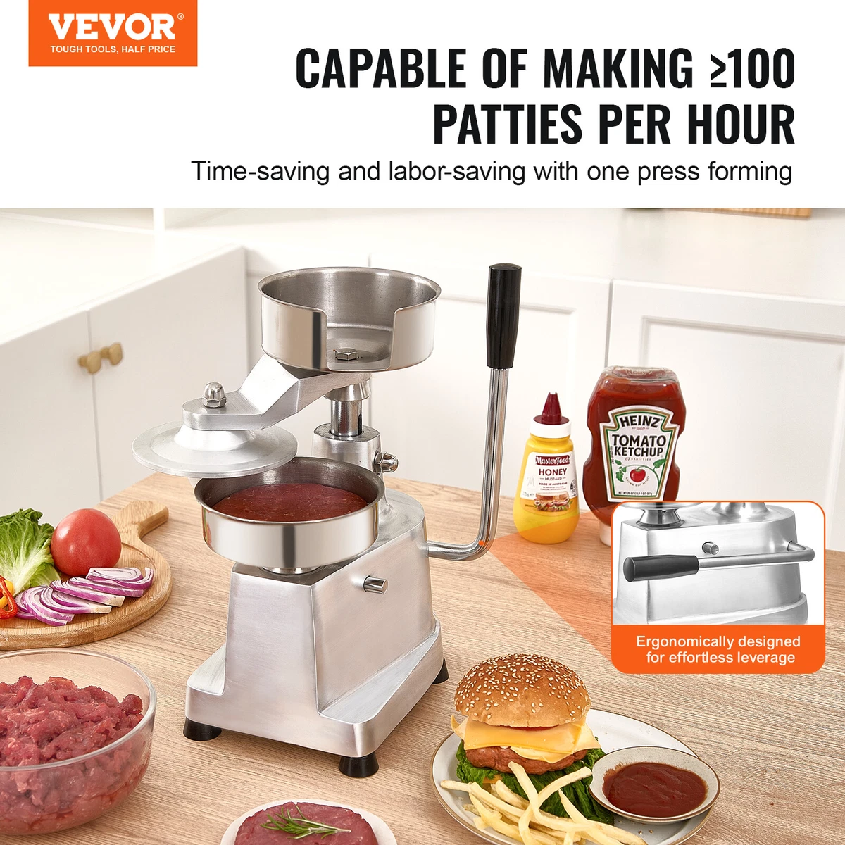 Máquina de prensa manual de acero inoxidable VEVOR para hamburguesas comerciales 130 mm