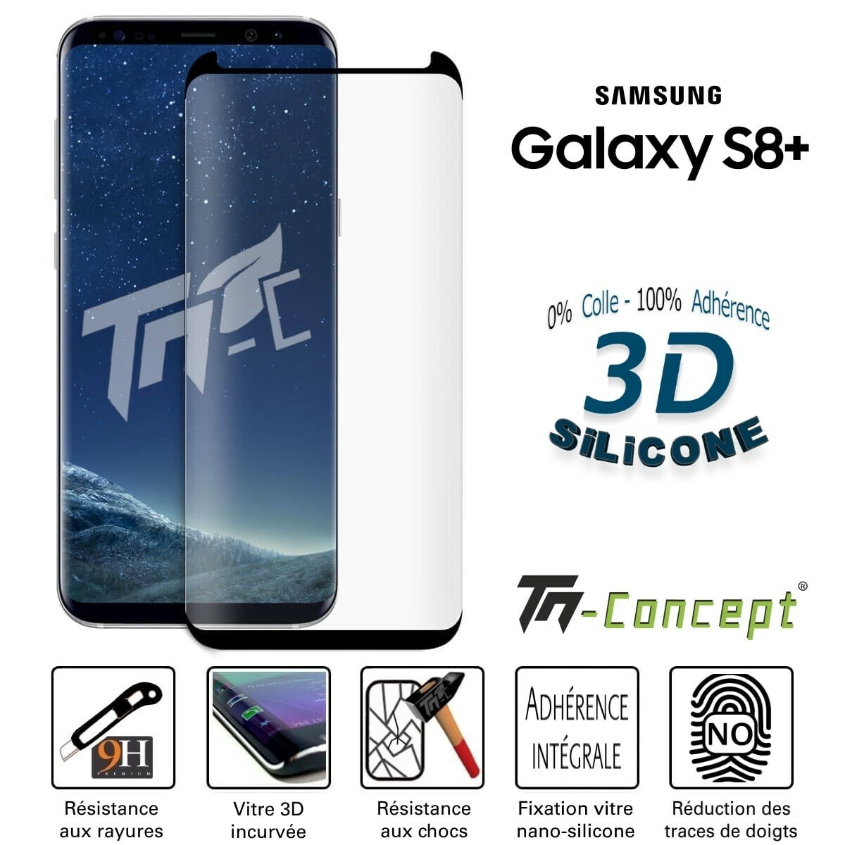 Verre trempé incurvé 3D antichoc silicone pour Samsung Galaxy S8+ TM Concept