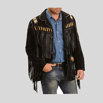 Vipzi Men's Native American Western Black Lambskin Leather Jacket Fringe bead