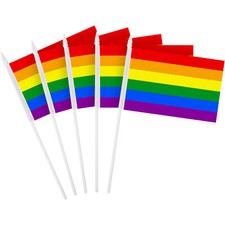 G128 12 Pack Handheld LGBT Rainbow Pride Stick Flags 4x6 In Printed 150D Poly