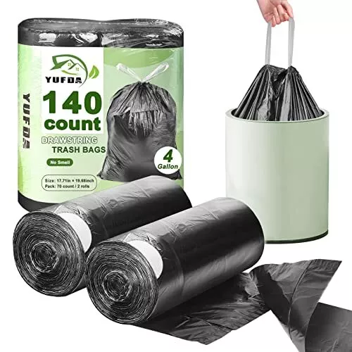 140pcs Heavy Duty Trash Bags 4 Gallon Garbage Rubbish Drawstring Bags Black  Home