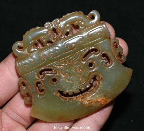 Ancien pendentif amulette hache visage de bête longue dragon mode hetian sculpté dynastie