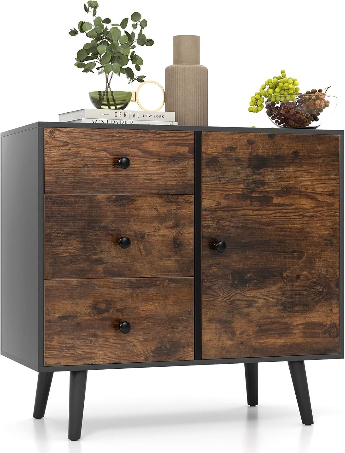 Mid-Century Modern Storage Cabinet with Door and 3 Drawers for Floor Organization