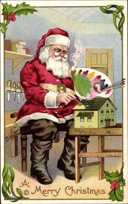 Postcard Congratulations Christmas, Santa Painted a Toy House - 11070053