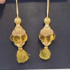 Pair 2 Gold, Pink, Green Tassel Braided Cord Drapery Tie Backs Curtains VTG  LRG