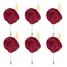 6 Pcs Groom Boutonnieres Rose Boutonnieres Pins Burgundy 4.7"x2" 