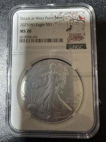 2025 (W) $1 American Silver Eagle NGC MS70 Seasons Greetings Label Random Number