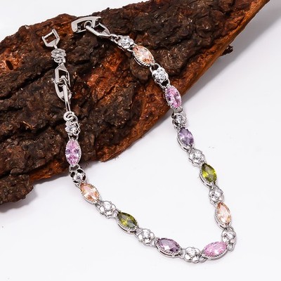 Multi Sapphire -Simulated, CZ 925 Sterling Silver Adjustable Bracelet 7-8'' B216