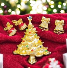 Vintage Lot Christmas Tree Brooch, Avon Ornaments  Monet Bell Rhinesto Earrings