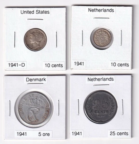 WW2 Coins Minted 1941 from Denmark, and Netherlands & U.S. Silver 10 Cent Coins
