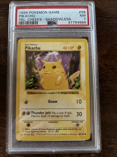 1999 POKEMON BASE SET SHADOWLESS YELLOW CHEEKS #58 PIKACHU PSA 7