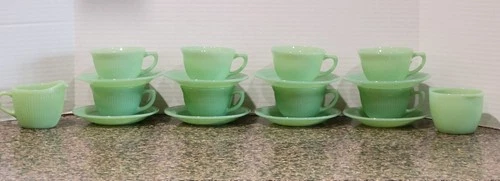 Fire King Jane Ray Jadeite Set of 8 Cups and  Saucers  & Creamer & Sugar Set