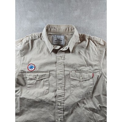HUF Button Up Shirt Mens S Khaki Tan Double Pocket Patch Short Sleeve *Read